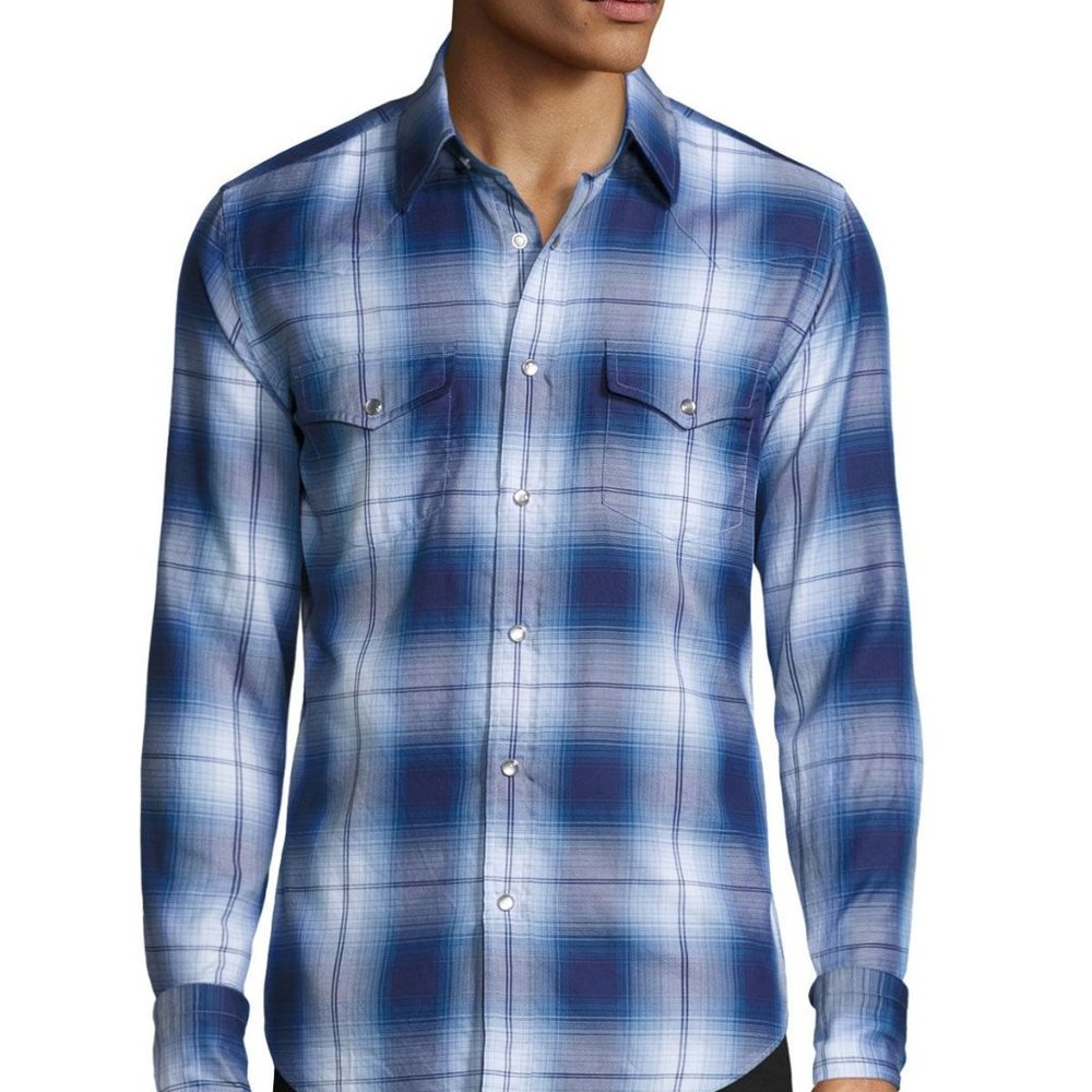 Tom Ford Plaid Western Cotton Shirt, Blue